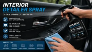 Interior detailer spray applied to a car door panel to restore its appearance