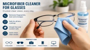 Microfiber cleaner removing fingerprints and smudges from eyeglass lenses for crystal-clear vision.