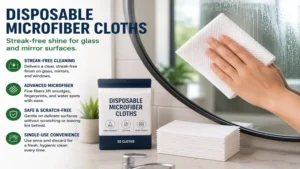 Disposable microfiber cloths cleaning mirrors and glass surfaces with a streak-free finish