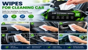 Wipes for cleaning car on leather, vinyl, plastic, and other interior surfaces