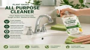 Using plant based all purpose cleaner to clean bathroom sinks and faucets without harsh chemicals.