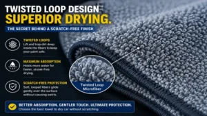 Twisted loop design featured in the best towel to dry car without scratching for maximum water absorption