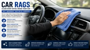 car rags cleaning a car dashboard, steering wheel, and interior surfaces with ease