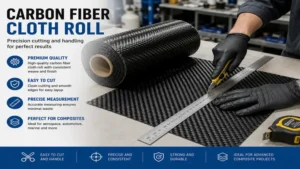 Carbon fiber cloth roll being measured and cut in a manufacturing workshop
