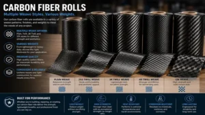 Different weave styles and thickness options of carbon fiber rolls for professional manufacturing needs.