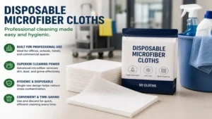 Disposable microfiber cloths prepared for commercial cleaning, janitorial tasks, and workplace sanitation