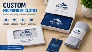 Custom microfiber cloths packaged professionally for giveaways, events, and corporate promotions