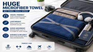 Huge microfiber towel packed for travel with space-saving convenience