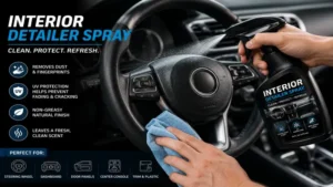 Cleaning a steering wheel with interior detailer spray for a fresh interior look