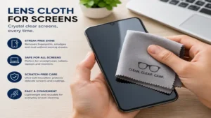 Lens cloth safely cleaning a smartphone screen while removing fingerprints and dust without scratches.