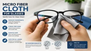 A micro fiber cloth for glasses demonstrating streak-free cleaning and protection for all lens types.