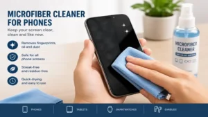 Microfiber cleaner applied to a smartphone screen to remove dust, oil, and fingerprints.
