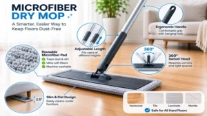 Microfiber dry mop with a washable reusable pad designed for everyday floor cleaning