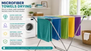 Microfiber towels drying in a clean laundry room with proper airflow