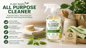 Eco-friendly plant based all purpose cleaner in a recyclable spray bottle beside reusable cleaning cloths.