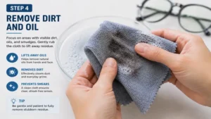 Removing built-up dirt and oils during the process of how to wash eyeglass cloth