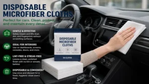 Disposable microfiber cloths used for cleaning vehicle interiors, dashboards, and delicate surfaces