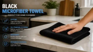 black microfiber towel used for cleaning kitchen countertops and household surfaces