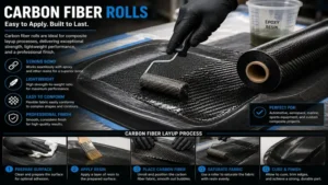Applying carbon fiber rolls with epoxy resin during the composite layup process for durable parts.