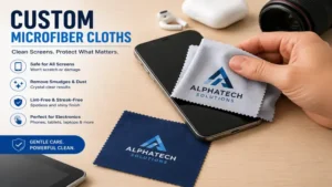 Custom microfiber cloths used to clean smartphones, tablets, and electronic device screens without scratches