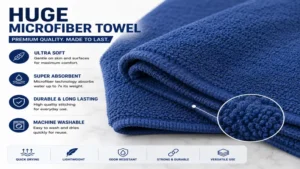 Close-up of a huge microfiber towel showing soft texture and durable stitching