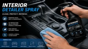 Interior detailer spray removing dirt and smudges from a vehicle center console