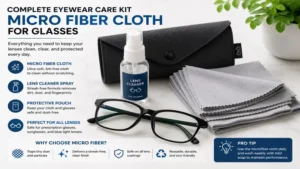 micro fiber cloth for glasses included in a complete eyewear cleaning kit with lens cleaner spray and protective pouch.