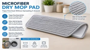 Reusable microfiber dry mop pad trapping fine dust, lint, and pet hair for efficient cleaning