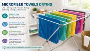Microfiber towels drying evenly on a folding drying rack after machine washing