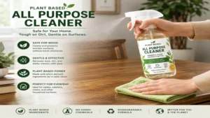 plant based all purpose cleaner safely wiping wooden tables and household furniture.