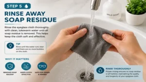 How do you clean eyeglass cloths by rinsing away all soap residue to keep the cloth soft and effective