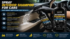 Spray interior shampoo for cars providing easy application and powerful interior cleaning.