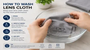 Washing a lens cloth with mild detergent and lukewarm water to maintain cleaning performance and softness.