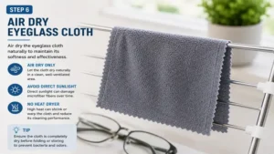 Air drying a clean microfiber cloth after completing how to wash eyeglass cloth