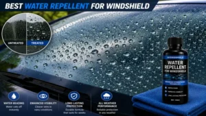Best water repellent for windshield with close-up water droplets rolling off treated automotive glass