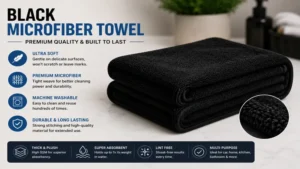 Folded black microfiber towel highlighting thick durable premium-quality microfiber fabric