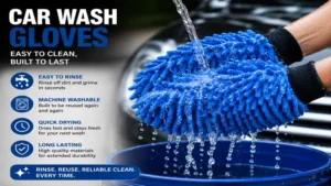Car wash gloves being rinsed with water to remove trapped dirt and soap residue
