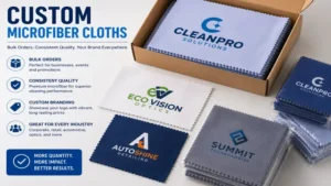 Custom microfiber cloths prepared in bulk for businesses, schools, and promotional events