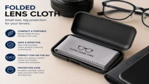 Folded lens cloth stored inside a protective travel case for convenient everyday lens cleaning.