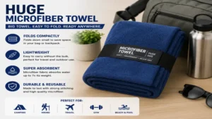 Folded huge microfiber towel ready for camping, hiking, or everyday use