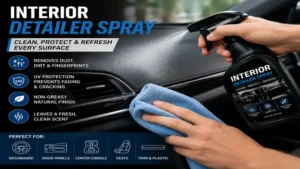 Wiping interior surfaces with a microfiber cloth after applying interior detailer spray