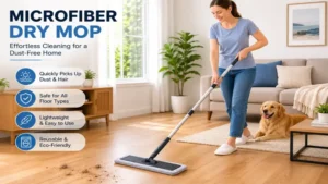 Person using a microfiber dry mop to clean a modern living room floor with ease