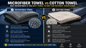 Comparison showing why the best towel to dry car without scratching is microfiber instead of cotton