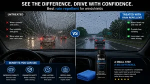 best rain repellent for windshields showing treated versus untreated windshield performance