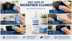 Common uses of microfiber cleaner for safely cleaning cameras, tablets, glasses, and screens.