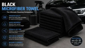 Set of black microfiber towel cloths for automotive detailing and everyday cleaning