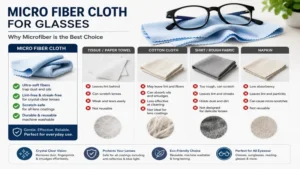 micro fiber cloth for glasses compared with tissues and cotton cloths to highlight superior lens cleaning performance.