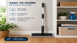 Microfiber dry mop stored upright in a home cleaning area for convenient and space-saving storage
