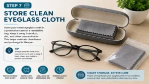 How do you clean eyeglass cloths and store them properly in a protective case to prevent dust buildup