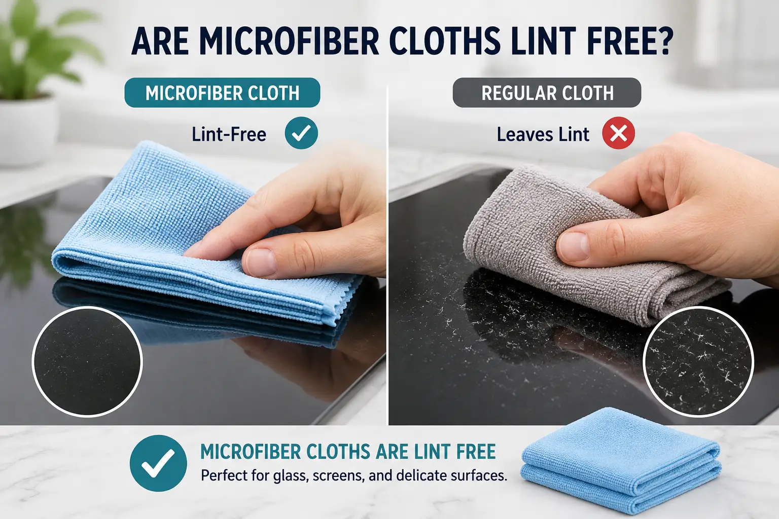 Blue microfiber cloth cleaning a screen with a lint-free finish